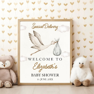 Póster Cute Stork Baby Shower Neutral