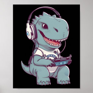Póster Cute T. Rex-dinosaur Jugando Videojuegos Gam