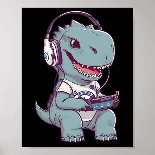 Póster Cute T. Rex-dinosaur Jugando Videojuegos Gam (Frente)