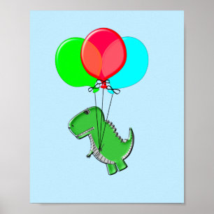 Póster Cute T-Rex Volando Con Globos En Cielo Azul