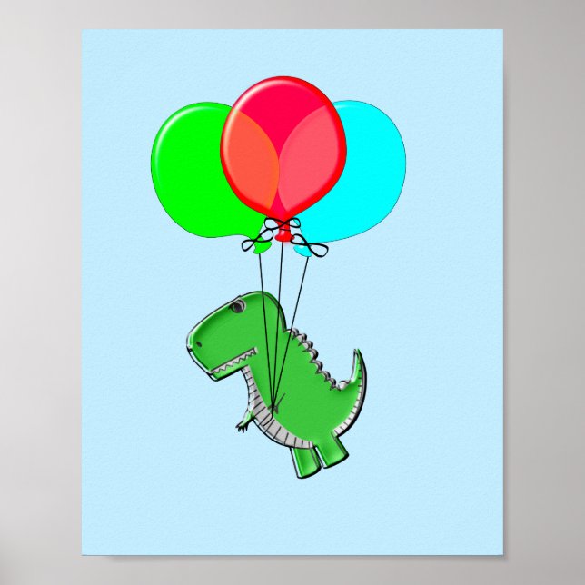 Póster Cute T-Rex Volando Con Globos En Cielo Azul (Frente)