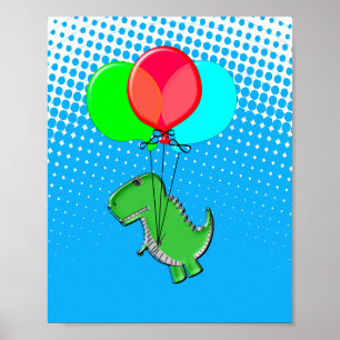 Póster Cute T-Rex Volando Con Globos En Cielo Azul