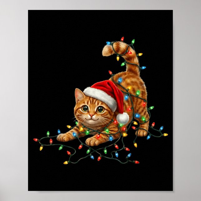 Póster Cute Tabby Cat Christmas Funny Lights Xmas Cat In  (Frente)