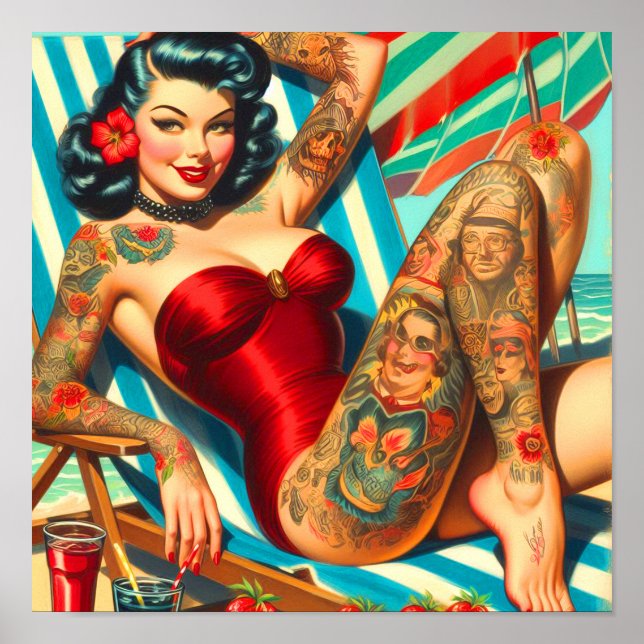 Póster Cute Tattooed Swimsuit Pin-up (Frente)