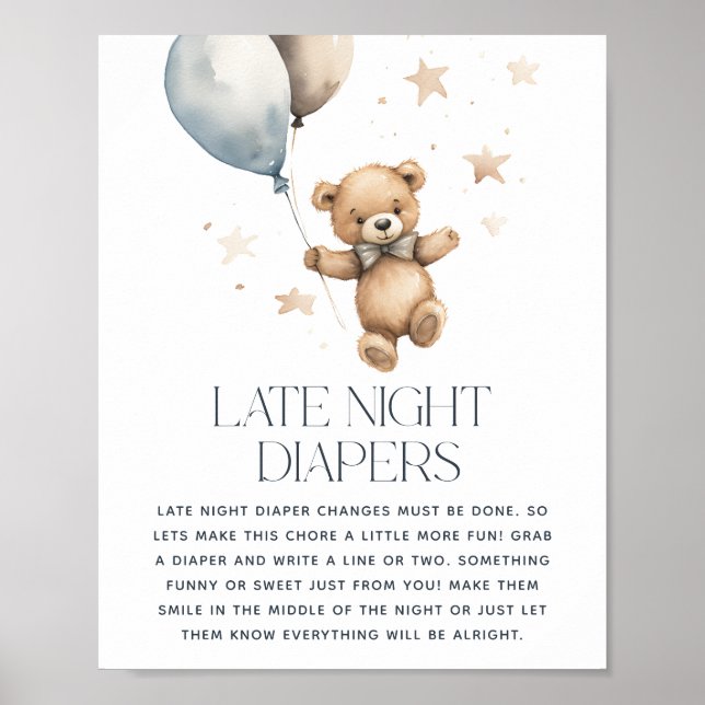 Póster Cute Teddy Bear Baby Shower 'Tarde Noche Diaper' (Frente)