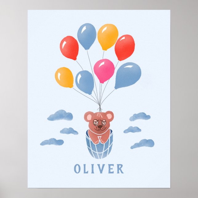 Póster Cute Teddy Bear Blue Balloons Boy Nombre Poster (Frente)