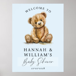 Póster Cute Teddy Bear Blue Boy Baby Shower Welcome Sign