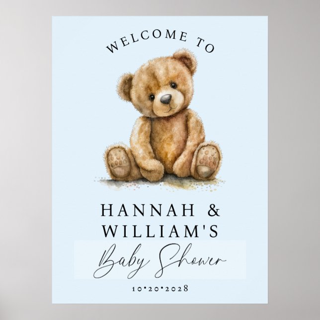 Póster Cute Teddy Bear Blue Boy Baby Shower Welcome Sign (Frente)