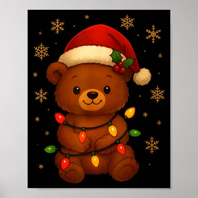 Póster Cute Teddy Bear Christmas Tree Lights Santa Hat Fu (Frente)