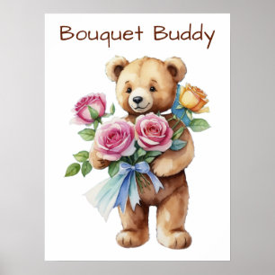Póster Cute Teddy Bear con cartel de ramo de flores 