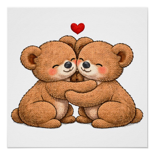 Póster Cute Teddy Bear Couple in Love – Embroidered Style (Anverso)