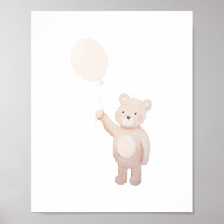Póster Cute Teddy Bear with Balloon Watercolor Nursery