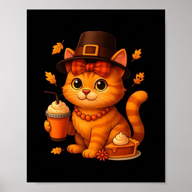Póster Cute Thanksgiving Cat Fall Pumpkin Pie Latte Autum (Frente)