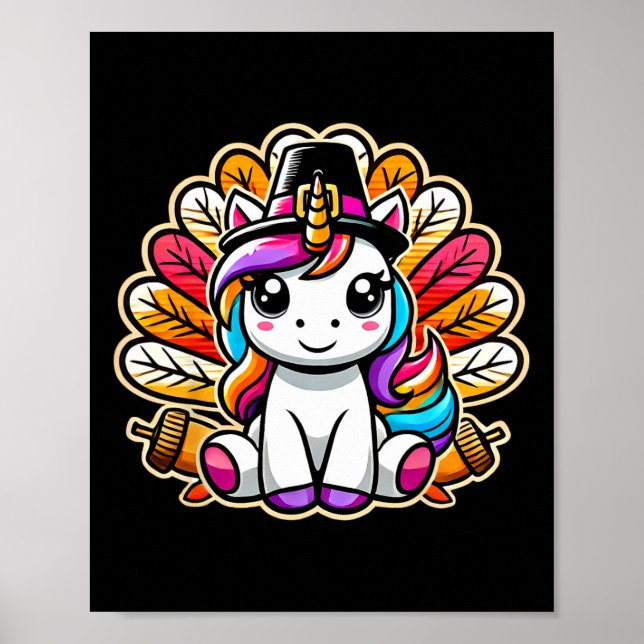 Póster Cute Thanksgiving Unicorn Pilgrim Hat Turkey Girls (Frente)