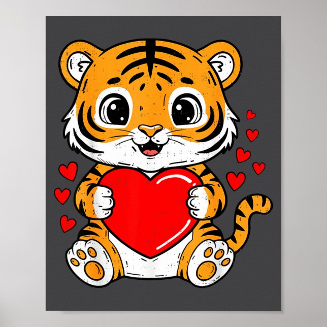 Póster Cute Tiger Holding Heart Kawaii Valentines Day Men (Frente)