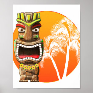 Póster Cute Tiki Statue Beach Sunset