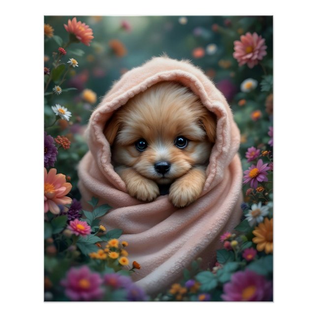 Póster Cute, tiny, fluffy puppy surrounded by flowers (Anverso)