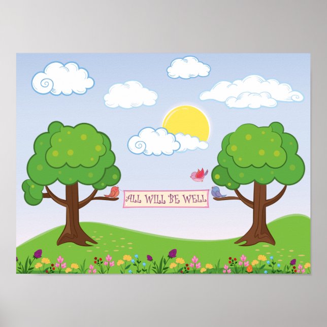 Póster Cute Todo Estará Bien Esperanza Árboles Flores Ave (Frente)