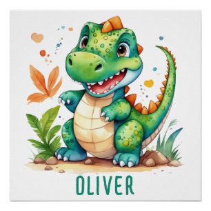 Póster Cute Trex Dinosaur Verde Personalizado