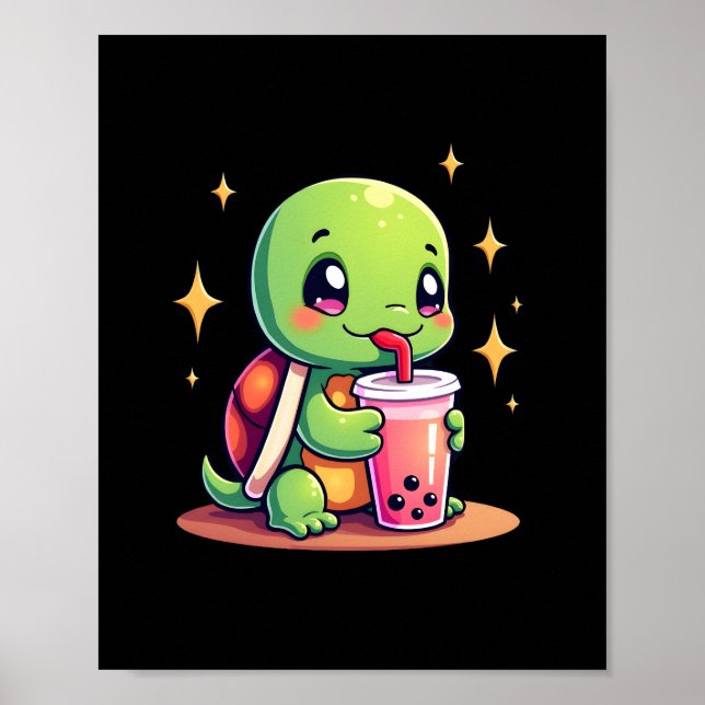 Póster Cute turtle drinking boba. Funny Boba Turtles Love (Frente)