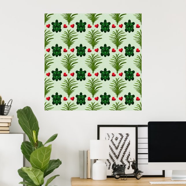 Póster Cute Turtle Pattern Aesthetic | Tropical Leaves Bu (Oficina en casa)