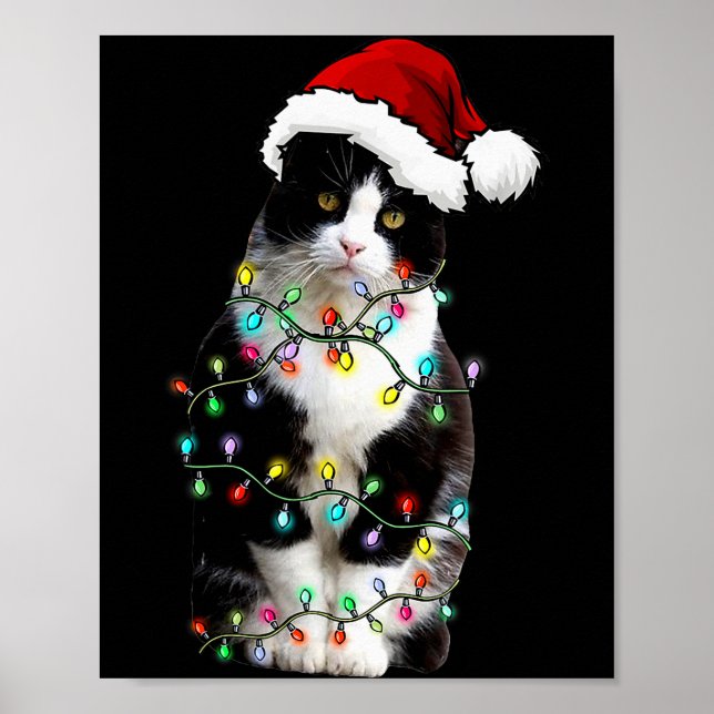 Póster Cute Tuxedo Black Cat Christmas Light Cat Christma (Frente)