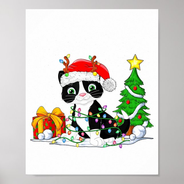 Póster Cute Tuxedo Cat Santa Christmas Tree Lights Xmas T (Frente)