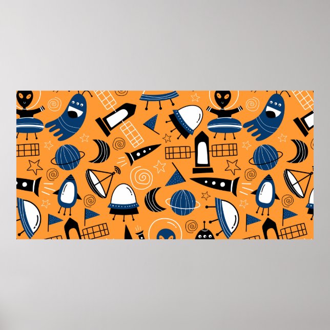 Póster Cute ufo de naves espaciales alienígenas, planetas (Frente)