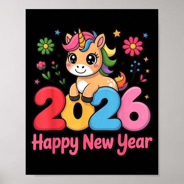 Póster Cute Unicorn 2026 Horse Year Happy New Year Kawaii (Frente)
