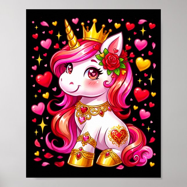Póster Cute Unicorn Heart Valentines Day Girls Kids Valen (Frente)