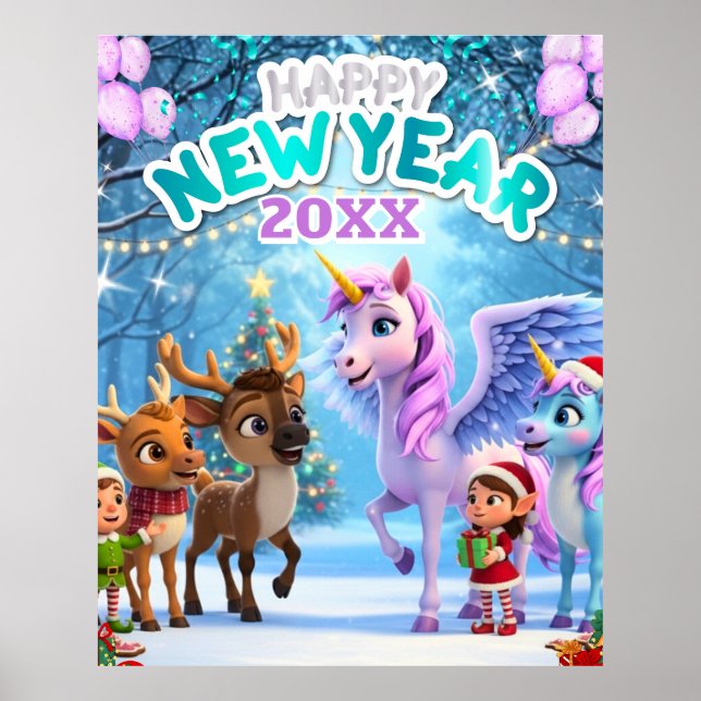 Póster Cute Unicorn & Reindeer New Year Poster for Kids (Frente)