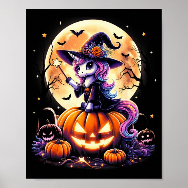 Póster Cute Unicorn Witch Pumpkin Halloween Shirts Girls  (Frente)