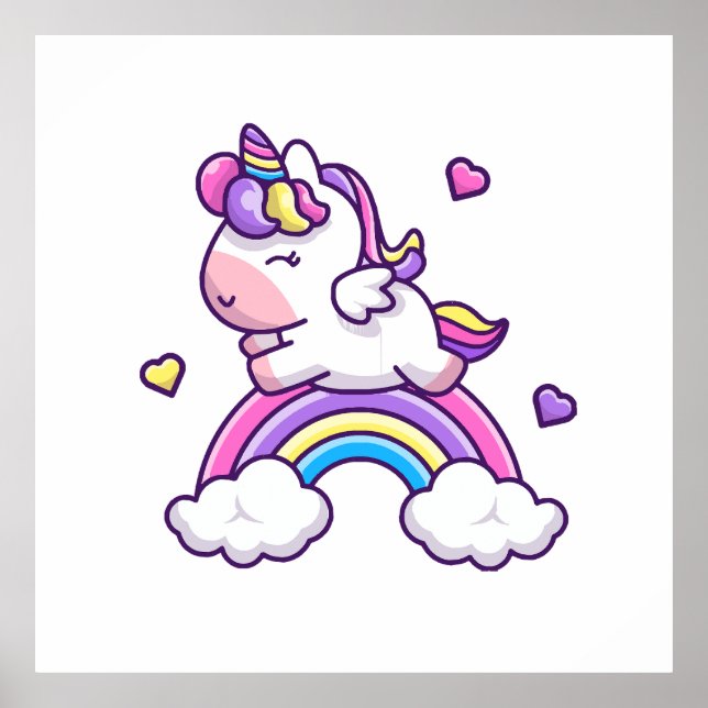 Póster Cute Unicornio Con Caricatura De Arcoíris (Frente)
