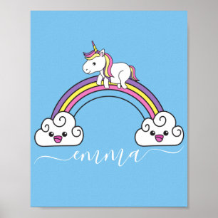 Póster Cute Unicornio de Arcoíris Nombre Personalizado 