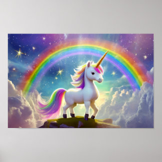 Póster Cute Unicornio parado frente a un arco iris