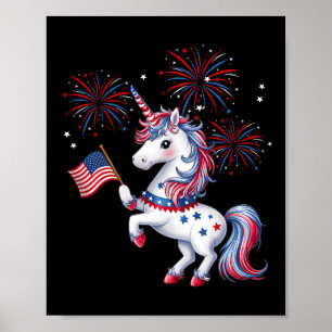Póster Cute Unicornio Patriótico Americano Fuegos Artific