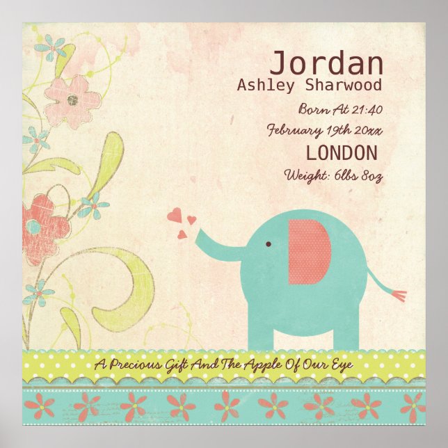 Póster Cute Unisex Baby Birth Date Elephant Nursery (Frente)