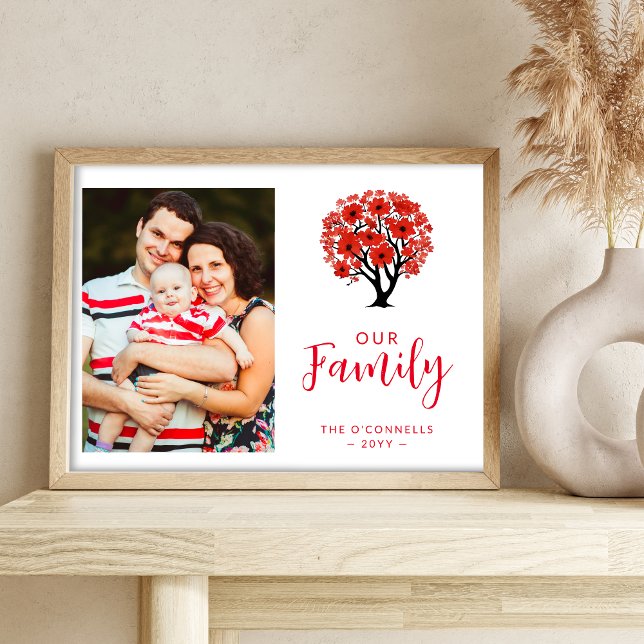 Póster Cute Vibrant Red Floral Family Tree Photo ( Cute Vibrant Red Floral Family Tree Photo Poster. )