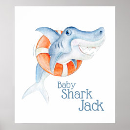 Póster Cute vida salvaje bebé tiburón acuarela vivero