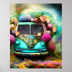 Póster Cute vieja y oxidado camioneta Combi con flores az