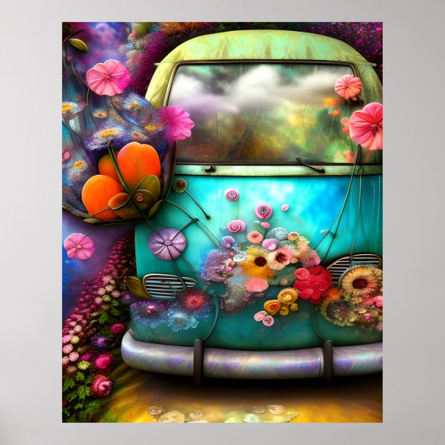 Póster Cute vieja y oxidado camioneta Combi con flores az (Frente)