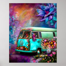Póster Cute vieja y oxidado camioneta Combi con flores de