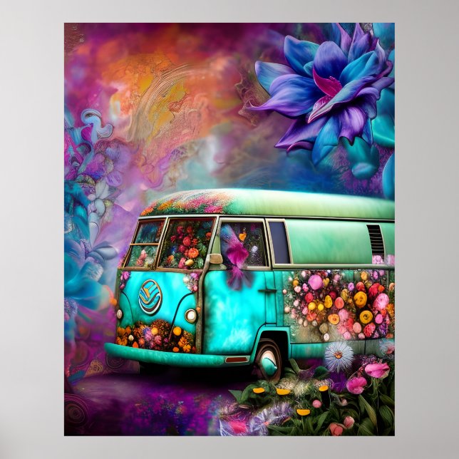 Póster Cute vieja y oxidado camioneta Combi con flores de (Frente)
