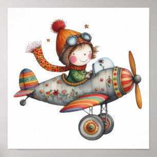 Póster Cute viejo avión de hélice para niños
