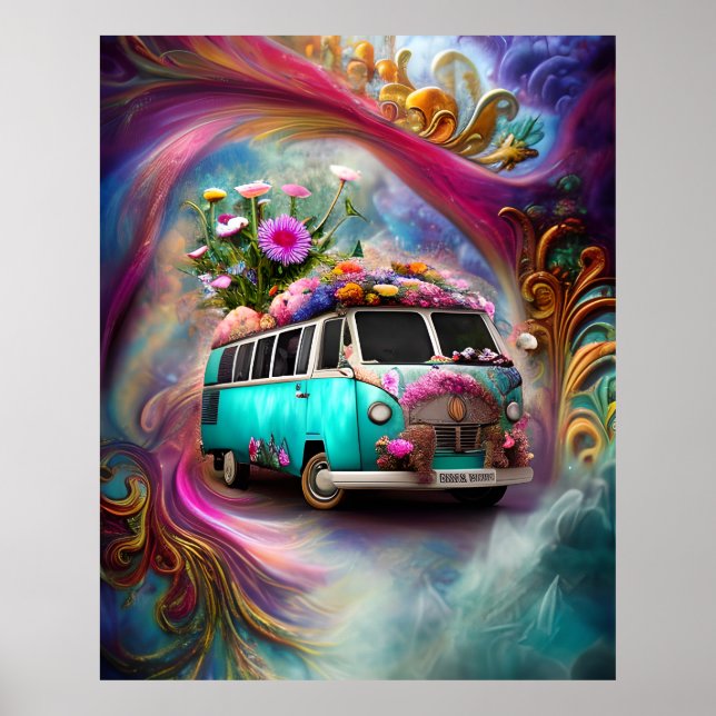Póster Cute viejo y oxidado de la camioneta Combi con flo (Frente)