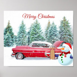 Póster Cute, Vintage, Red Car, Snowman, Navidades