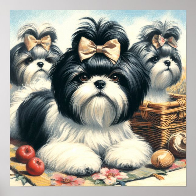 Póster Cute vintage Shih-Tzu Pintura (Frente)