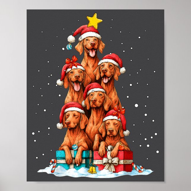 Póster Cute Vizsla Viszla Dog Christmas Tree Xmas Hat  (Frente)