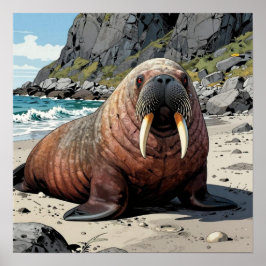 Póster Cute Walrus en una playa de arena 