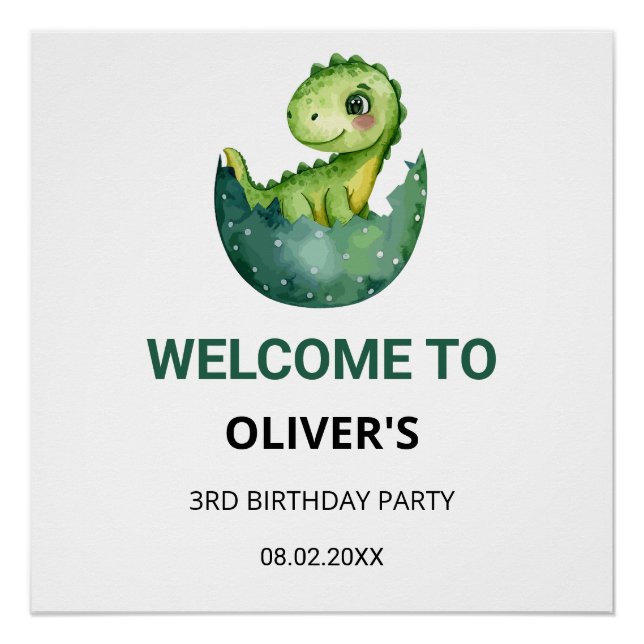 Póster Cute Watercol Dinosaur Kids Birthday Party Welcome (Anverso)